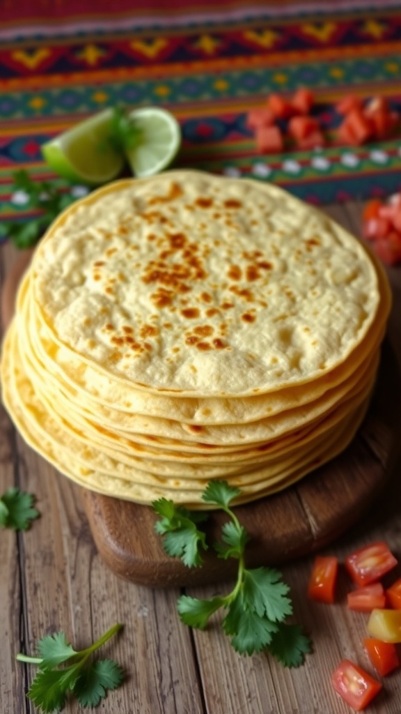 A stack of warm corn tortillas on a wooden table with fresh ingredients like cilantro and lime.